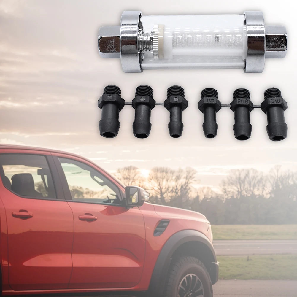 Car Fuel Filter with 6 Hoses Reusable Inline Fuel Filter Replacement Fuel Filter for Universal 3/8in 1/4in 5/16in Fittings Qme