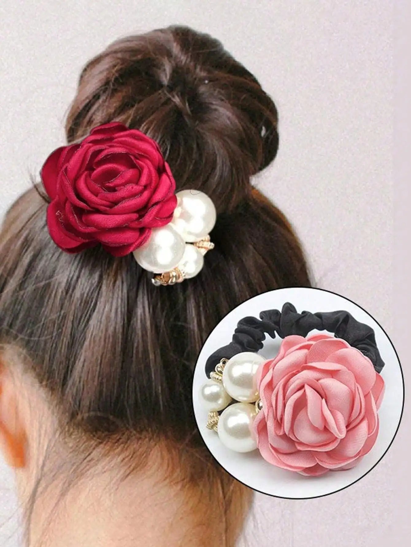 Pearl Rose Flower Hair Accessory Camellia Rope Ring Diamond Studded Qme