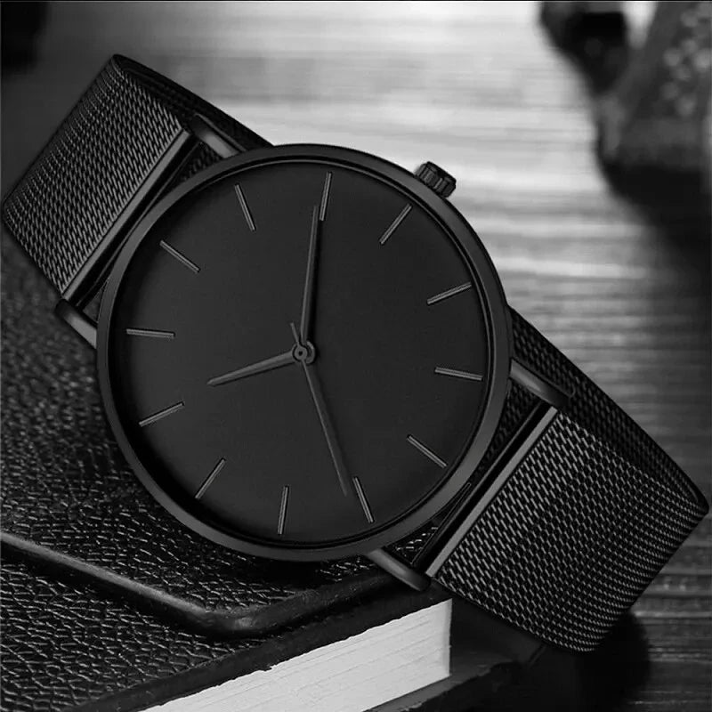 Fashion Ultra Thin Creative Black Stainless Steel Quartz Watches Men Simple Fashion Business Watch-Bracelet Male Watch Qme