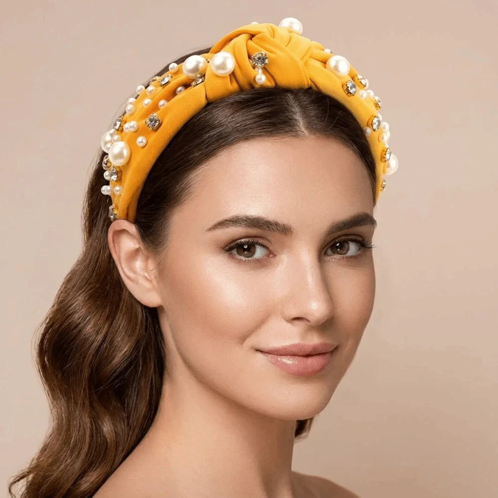 Solid Color Rhinestone Pearl Hairband Wide Edge Nail Pearl Head Hoop Hair Ornament Knot Style Baroque Headband Hair Accessories Qme