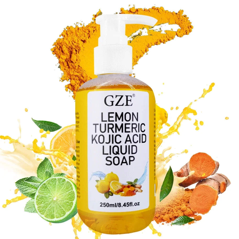 GZE Glow Lemon Turmeric Kojic Acid Liquid Soap - Gentle Exfoliating, Brightening, and Nourishing Skin Cleanser with Turmeric Qme