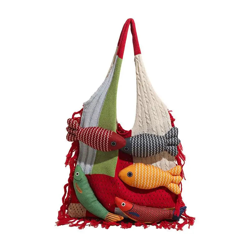 Creative Tassel Knitted Splicing Shoulder Bag Cute Little Fish Tote Qme A2