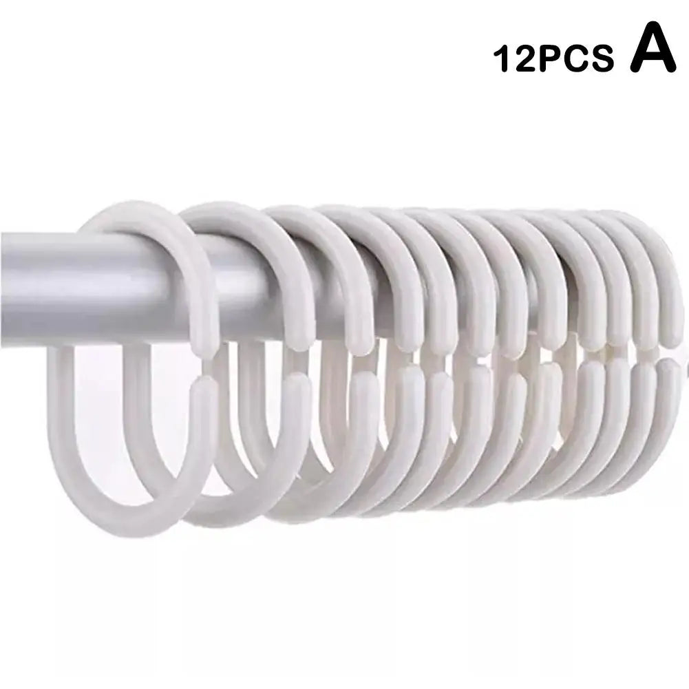 NEW 12PCS Plastic C Type Shower Curtain Hook Hanger Bath Drape Loop Clip Glide Convenient Replacement Bathroom Accessories Qme white