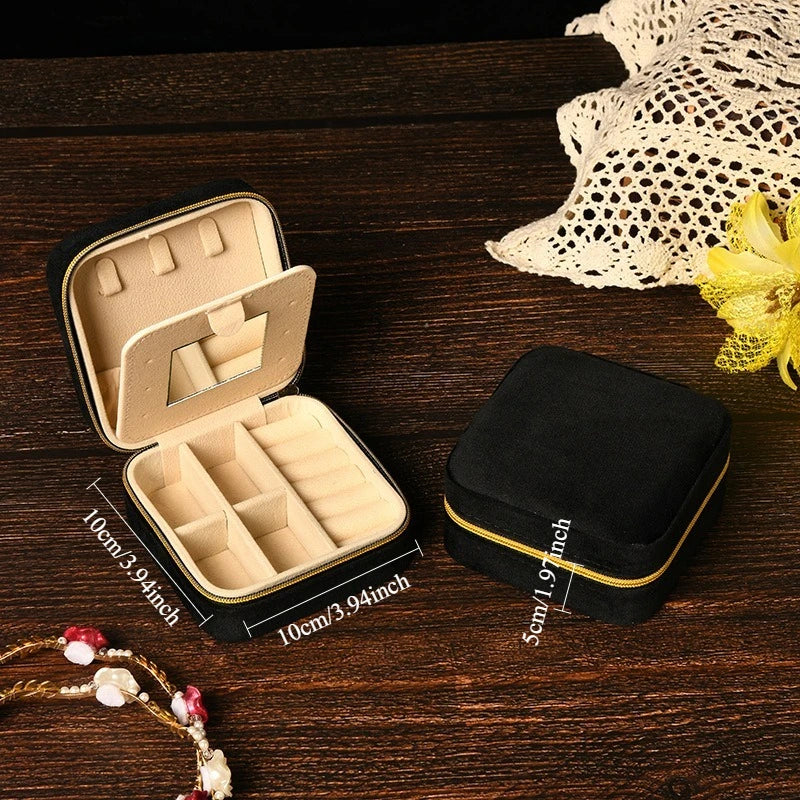 Velvet Jewelry Box For Women and Girls Necklace Ring Earrings Travel Portable Zipper Square Jewelry Storage Case with Mirror Qme