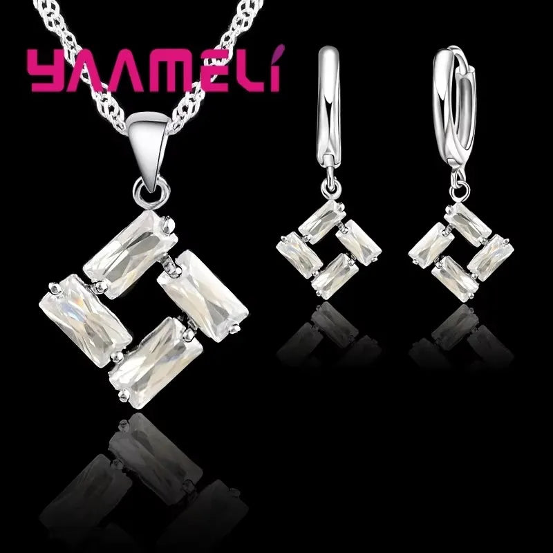 Romantic 925 Sterling Silver Color Square White Zircon Crystal Pendant Necklace Earrings Jewelry Sets Women Wholesale Qme WHITE