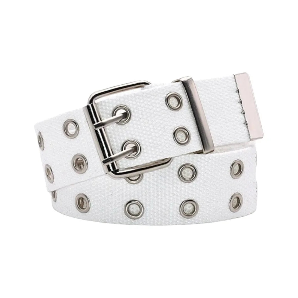 Outdoor Solid Canvas Waist Belt Double Row Nylon Woven Belts Metal Qme White