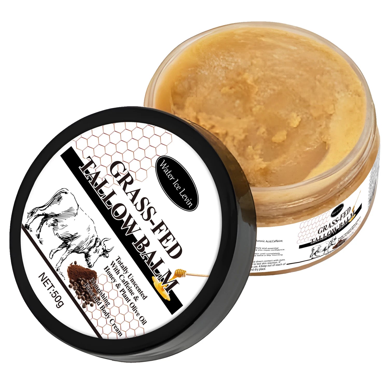 Grass-Fed Tallow Balm with Bee Venom & Caffeine, Unscented Moisturizer for Face & Body, Hydrates & Repairs Dry Skin. Qme black 50g