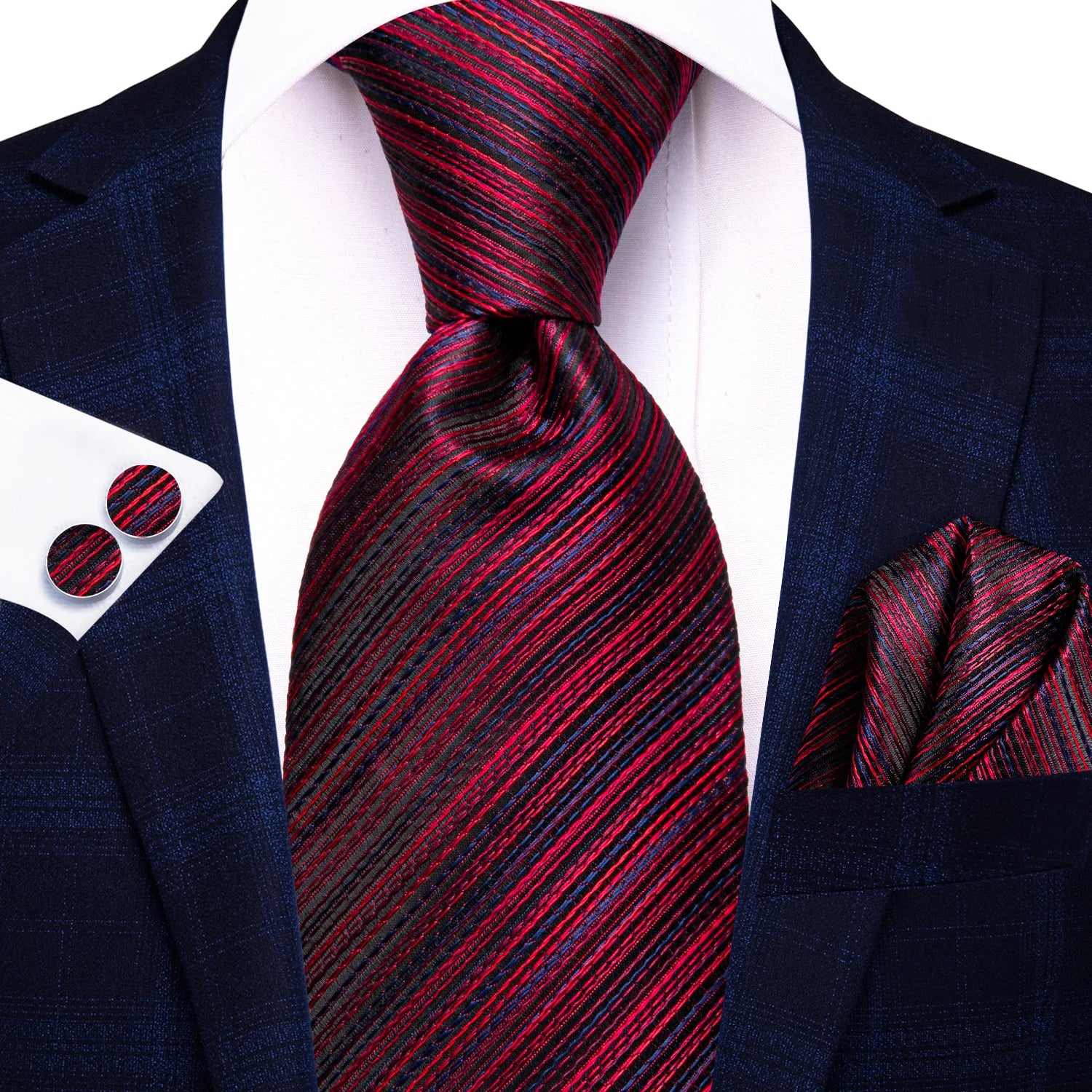 Hi-Tie Burgundy Blue Striped Men Elegant Necktie Handkerchief Cufflinks 3PCS Set Fashion Classic Silk Luxury Tie for Man Qme N-3901