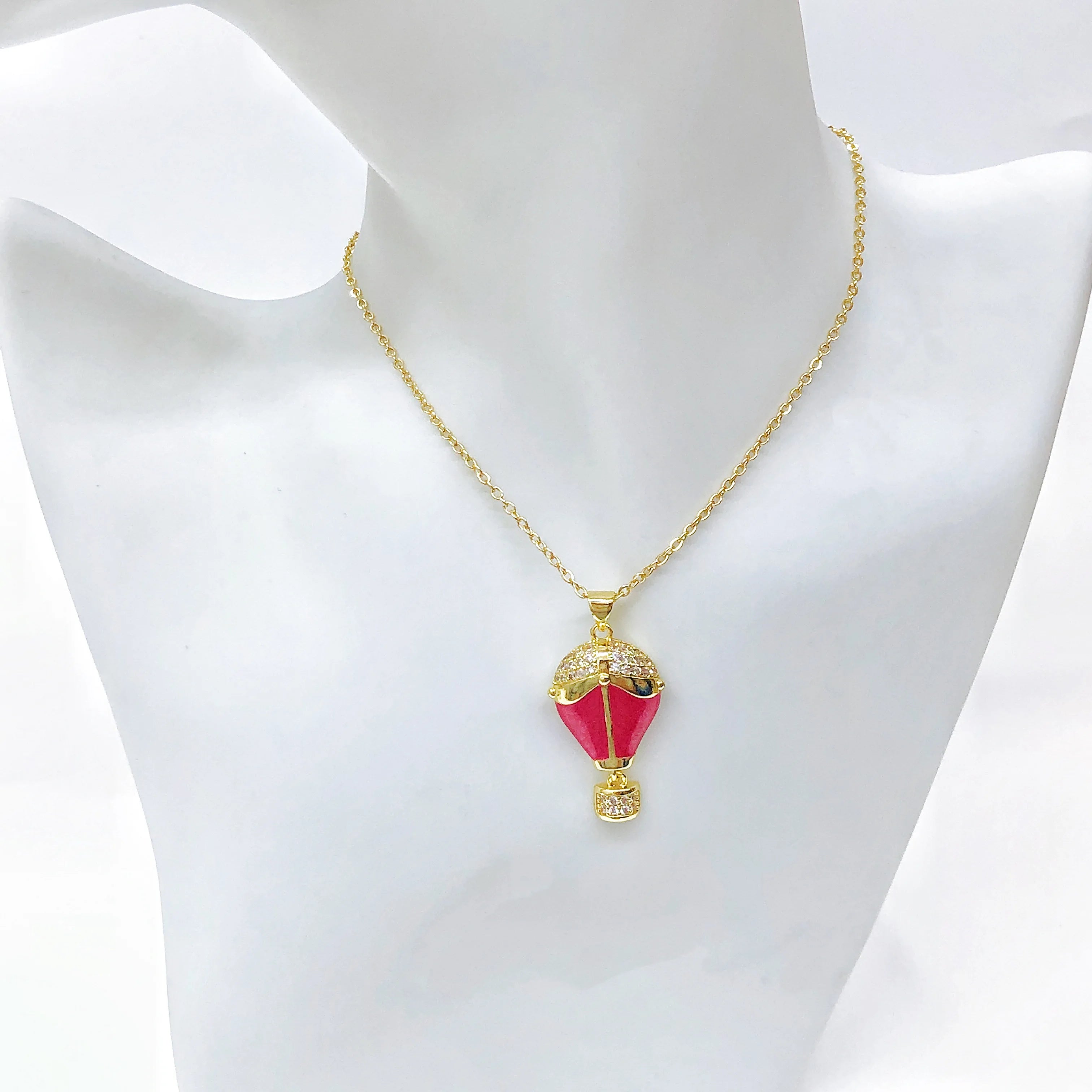 High-Quality Multicolor Enamel Art Hot Air Balloon Zircon Pendant Necklace Cute Fashion Party Jewelry For Women Daily Wear Qme