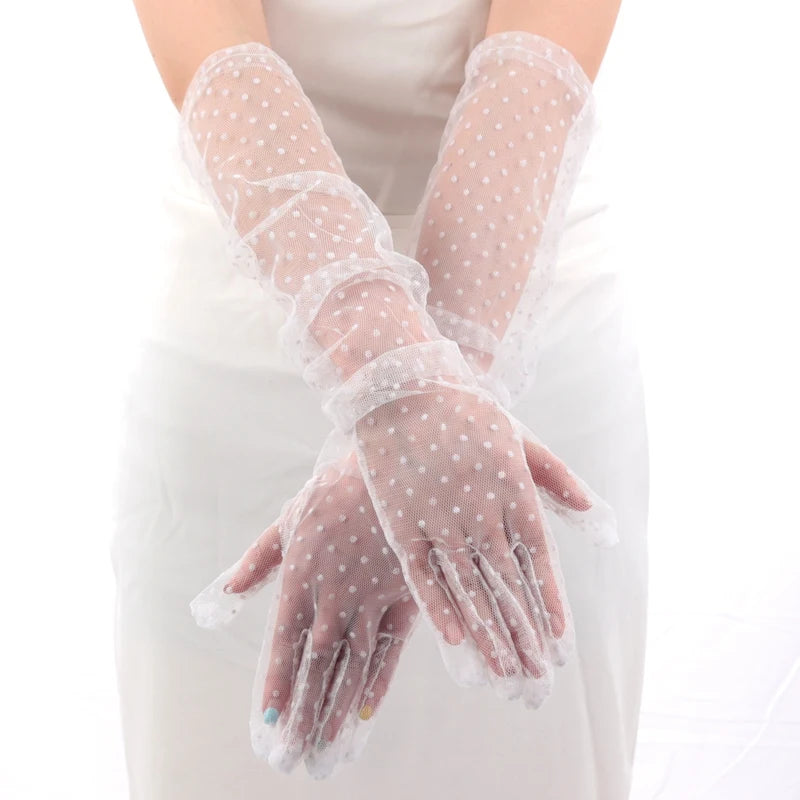Women Sexy Lace Black Gloves Gauze Wavy Dot Mittens Fashion Sunscreen Breathable Bridal Wedding Etiquette Long Fishnet Gloves Qme F1