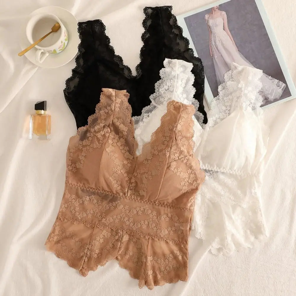 Simple Mesh Thin Lace Deep V Camisole Sleeveless Slim Fit Suspender Qme