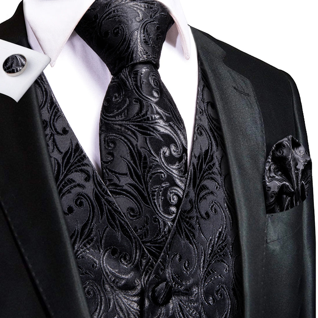 Hi-tie Black Men Vest Paisley Jacquard Necktie Hankerchief Cufflinks Qme
