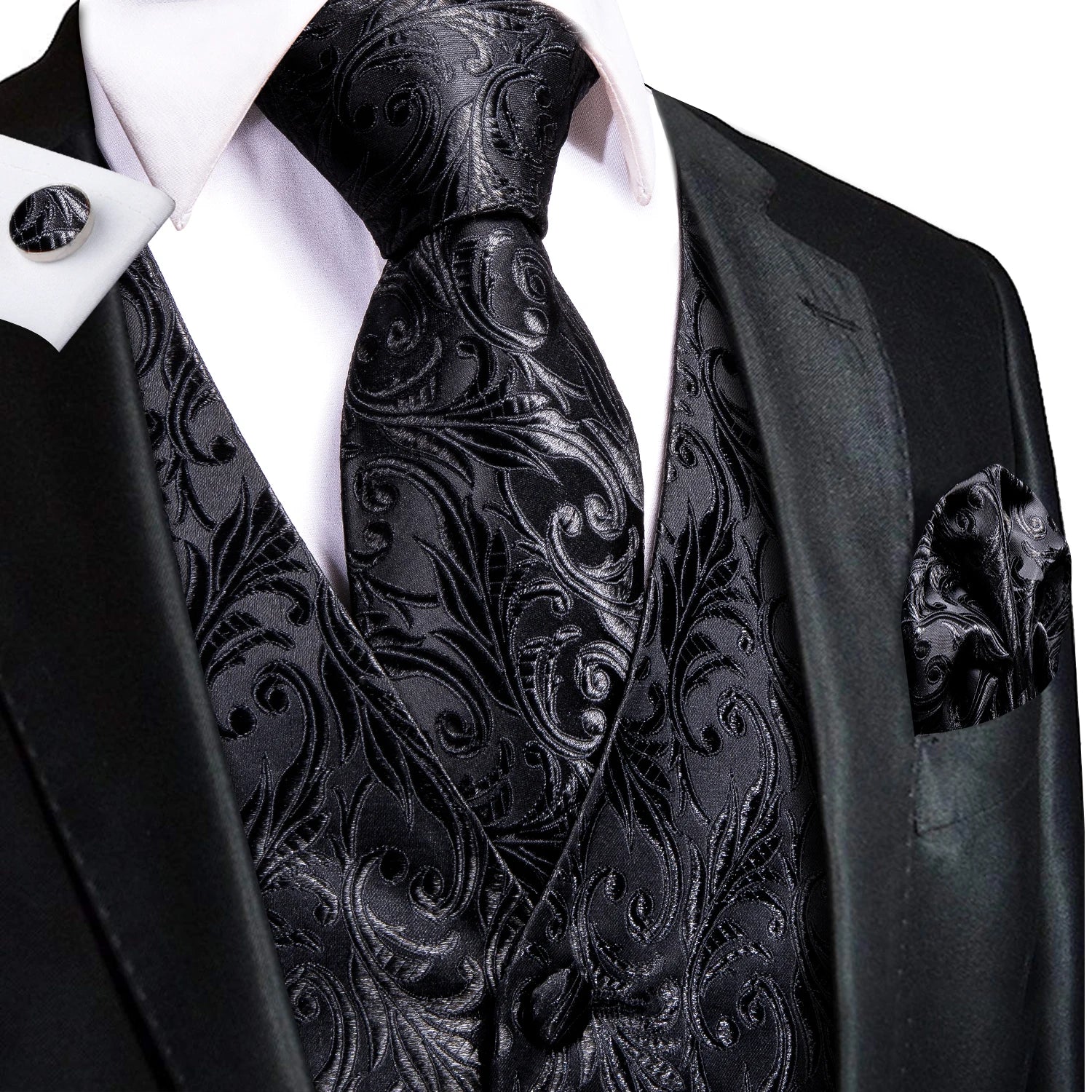 Hi-tie Black Men Vest Paisley Jacquard Necktie Hankerchief Cufflinks Qme
