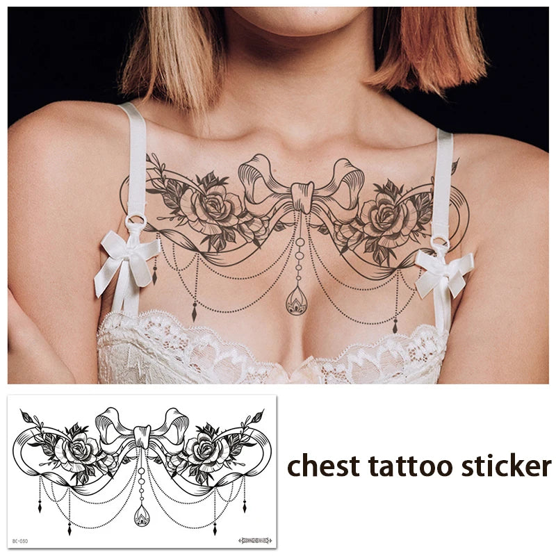 Black Element Sexy Bow Chest Tattoo Sticker Flower Back Abdomen Realistic Temporary Tattoo Sticker Waterproof and Sweatproof Qme