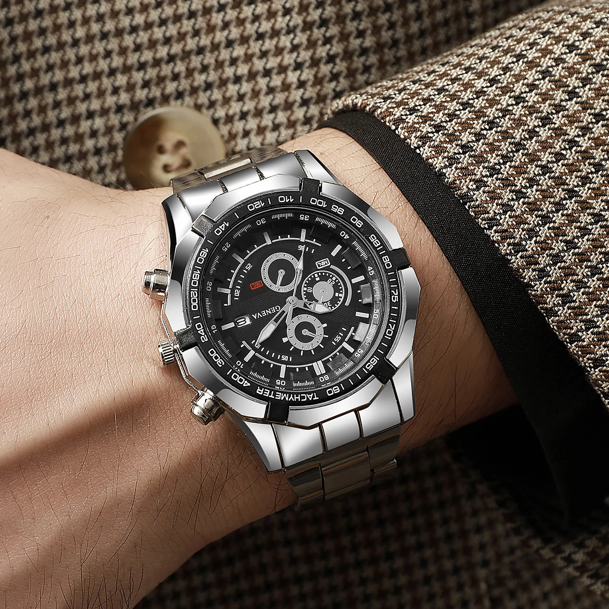 Men's Steel Belt Set Watch Fashion Three Eye Calendar Men's Watch 3pcs Quartz Watch Qme Silver