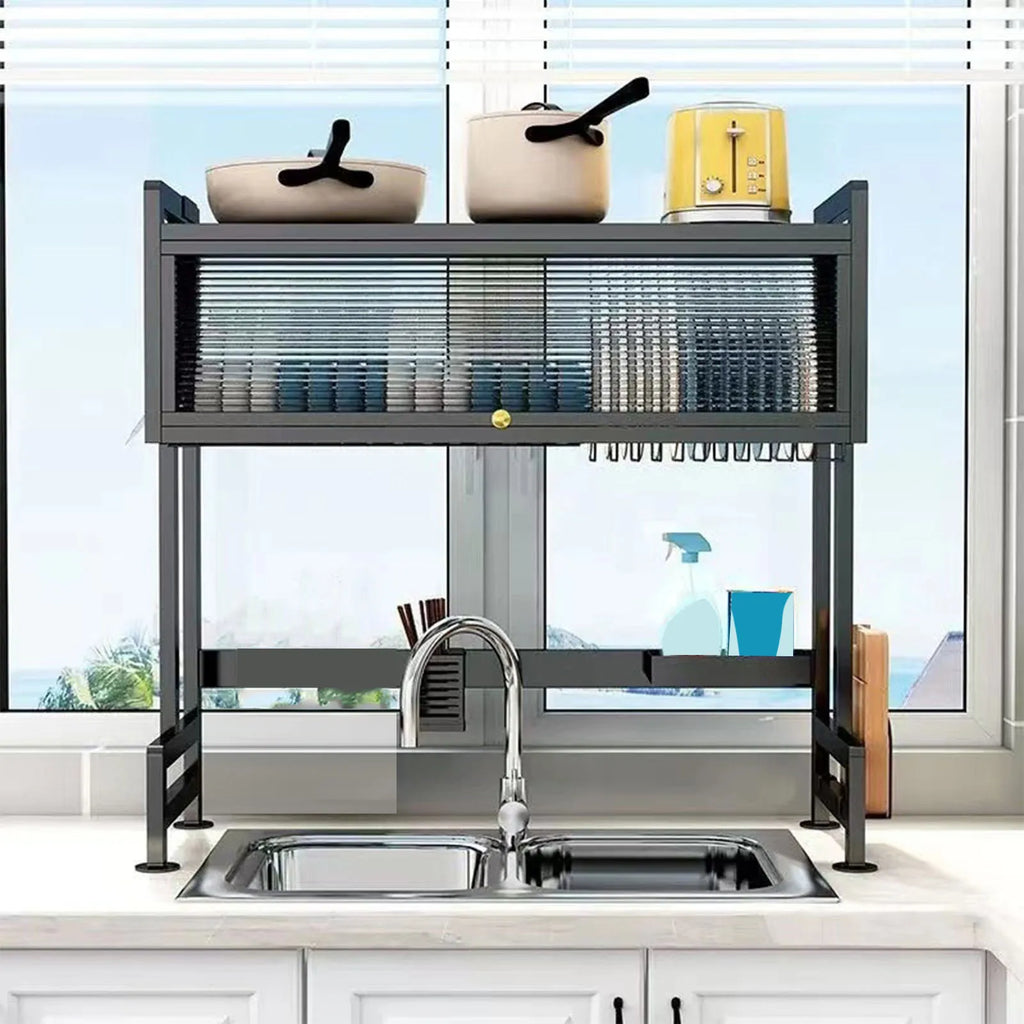 Kitchen Sink Rack Carbon Steel Space Saving 2 Tier Above Kitchen Sink Dish Drying Drainer Rack with Cover for Kitchen Qme