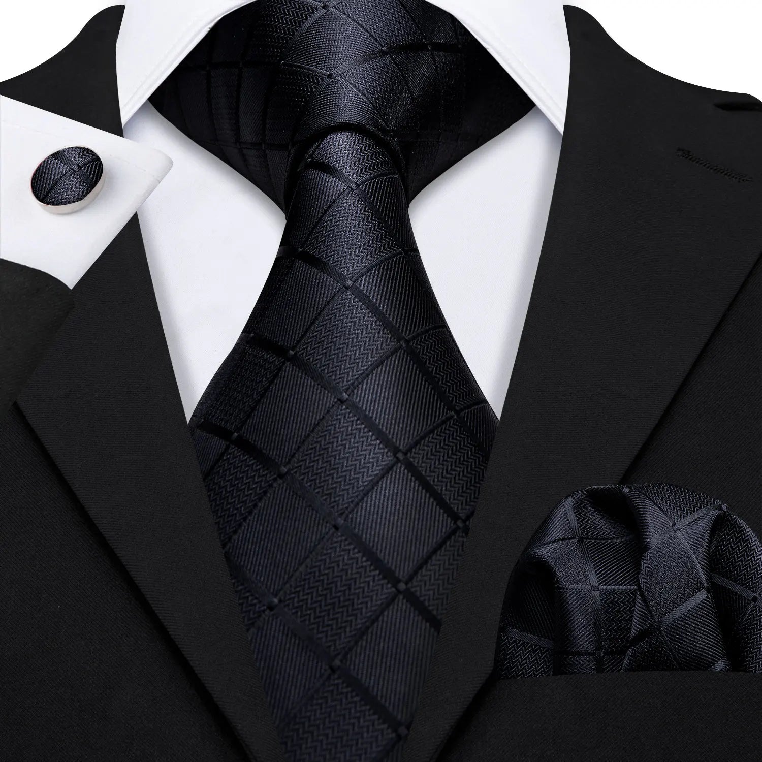 Hi-tie Extended Men's Black Luxury Textured Tie Portable Cufflinks Qme N-3510