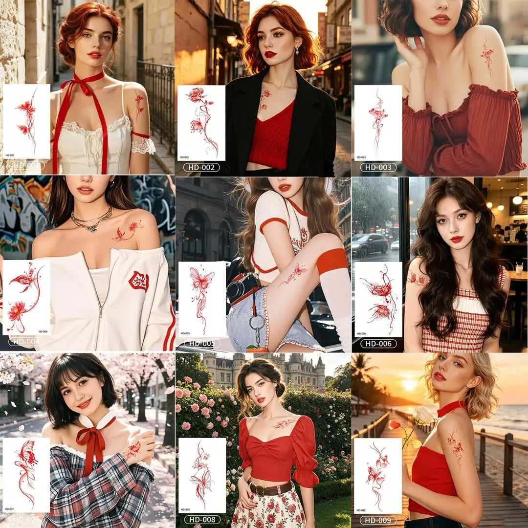 A Temporary Tattoo Retro Red Sticker Watercolor Butterfly Decor Body Arm Art Paster Face Bady Tattoo Waterproof DIY Paster Qme 9pcs HD-001HD009