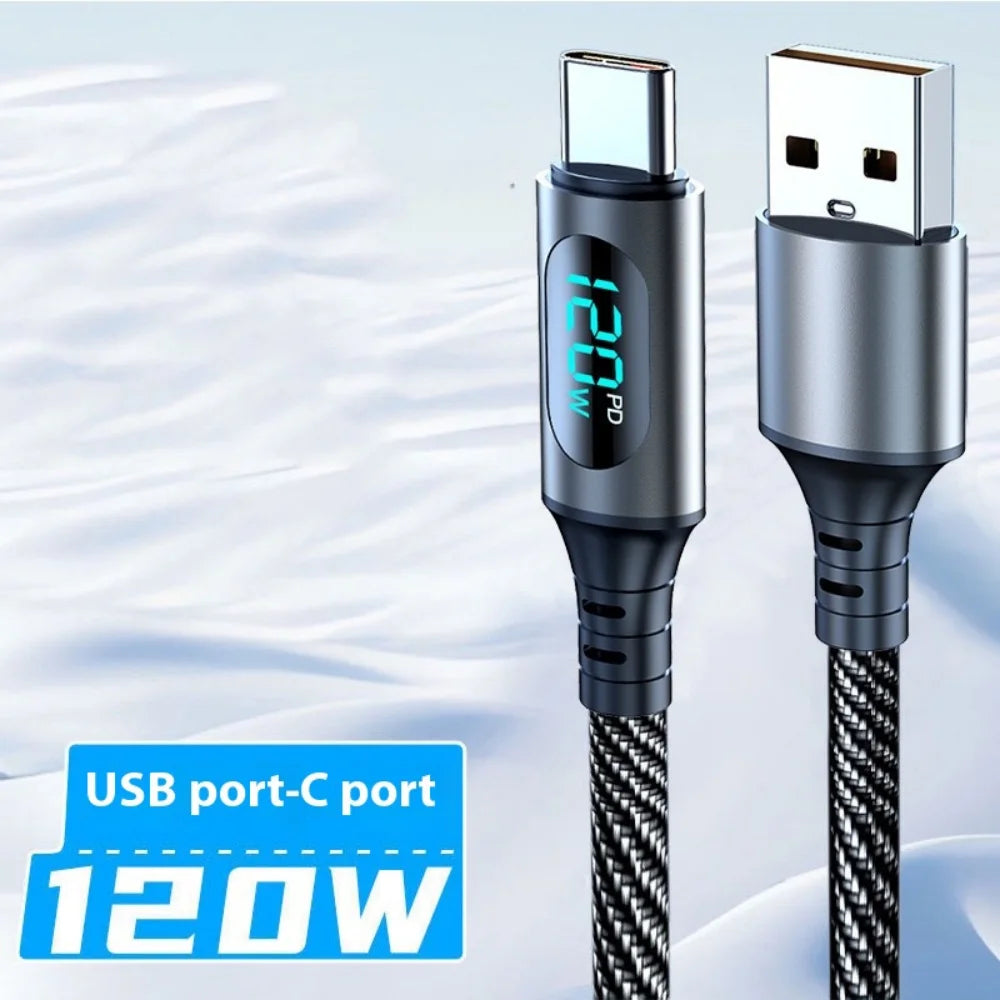 120W Type C Fast Charge Cable With Led Digital Display Cable6A Nylon Data Cord For Xiaomi Samsung iPhone Data Transmission Wire Qme Black USB A-C 1m