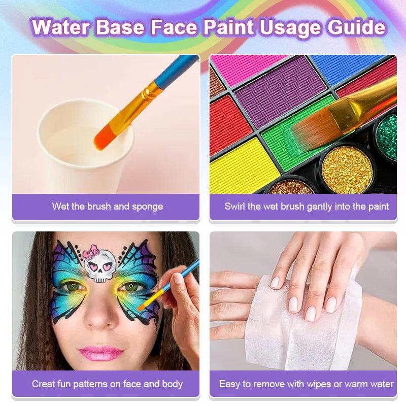 42 Colors UV Neon Face Paint Set Water Soluble Fluorescent Glitter Art Makeup for Body Painting Festivals Halloween Qme