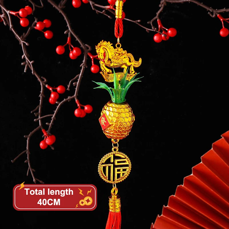 Chinese Year 2026 Celebration Decor Horse Red Gold Pineapple Hanging Qme A3