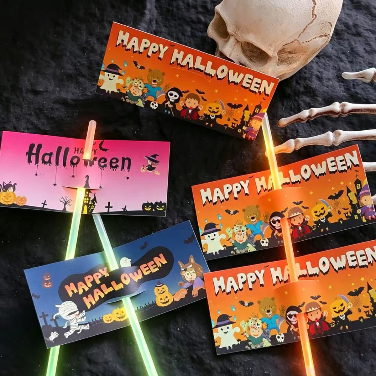 30-Pack Halloween Glow Sticks: Fun Glow Sticks Designed Specifically for Halloween, Featuring 3 Different Designs to Celebrate Qme