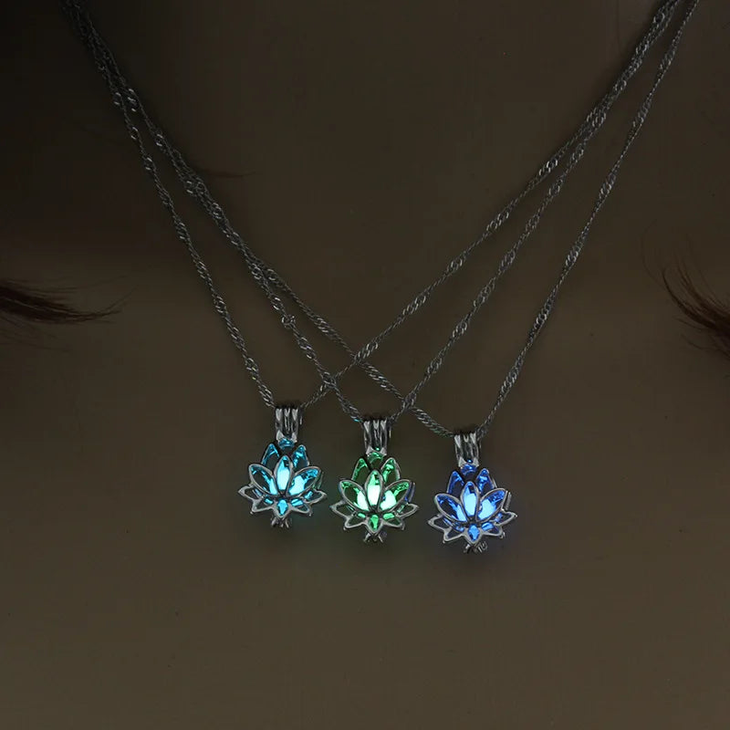 Luminous Glowing In The Dark Moon Lotus Flower Shaped Pendant Necklace for Women Yoga Prayer Buddhism Hip Hop Punk Jewelry Qme