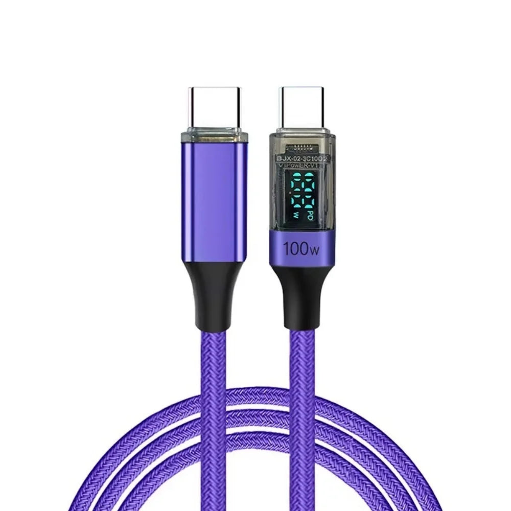 PD 100W USB Type C to C Line For Mobile Phone Laptop Data Charger Cable Quick Charge LED Display USB C Cord 0.5M/1M/2M Data Wire Qme Purple 0.5m