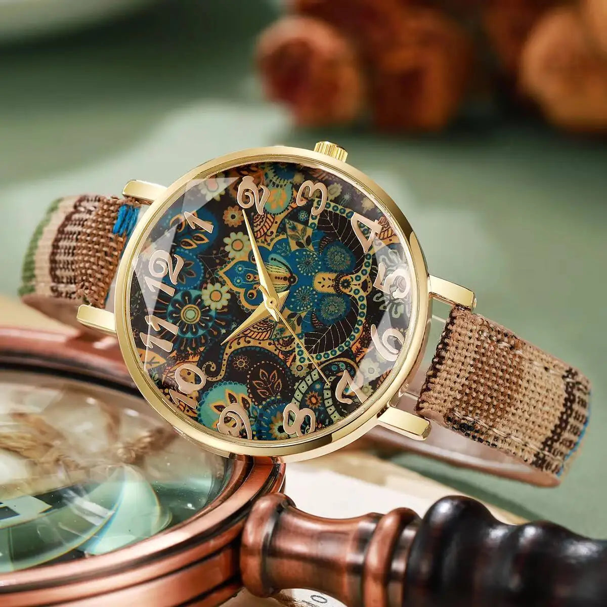 Vintage Printed Women Watches Casual Leather Strap Ladies Quartz Wristwatch Reloj Mujer Girls Gift（Without Box） Qme