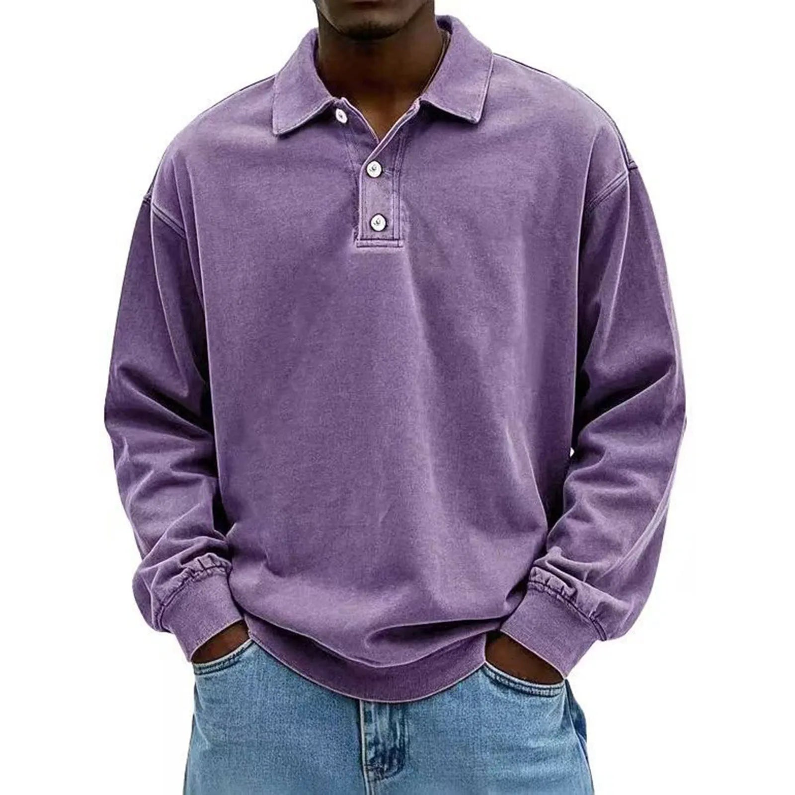 Men's Baggy Korean Style Leisure Daily Versatile Long Sleeves Flip Collar Pullover Shirt Fashion Solid Color Button Hoodies Qme Purple XXL