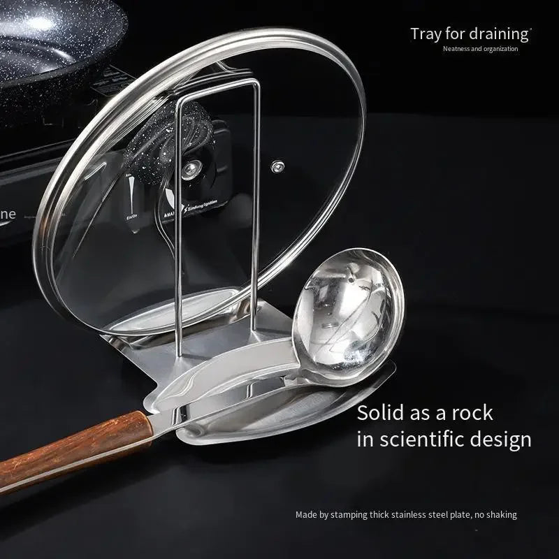 Pot lid support and spoon holder - Space-saving kitchen storage items that don't require drilling, featuring a draining tray, Qme