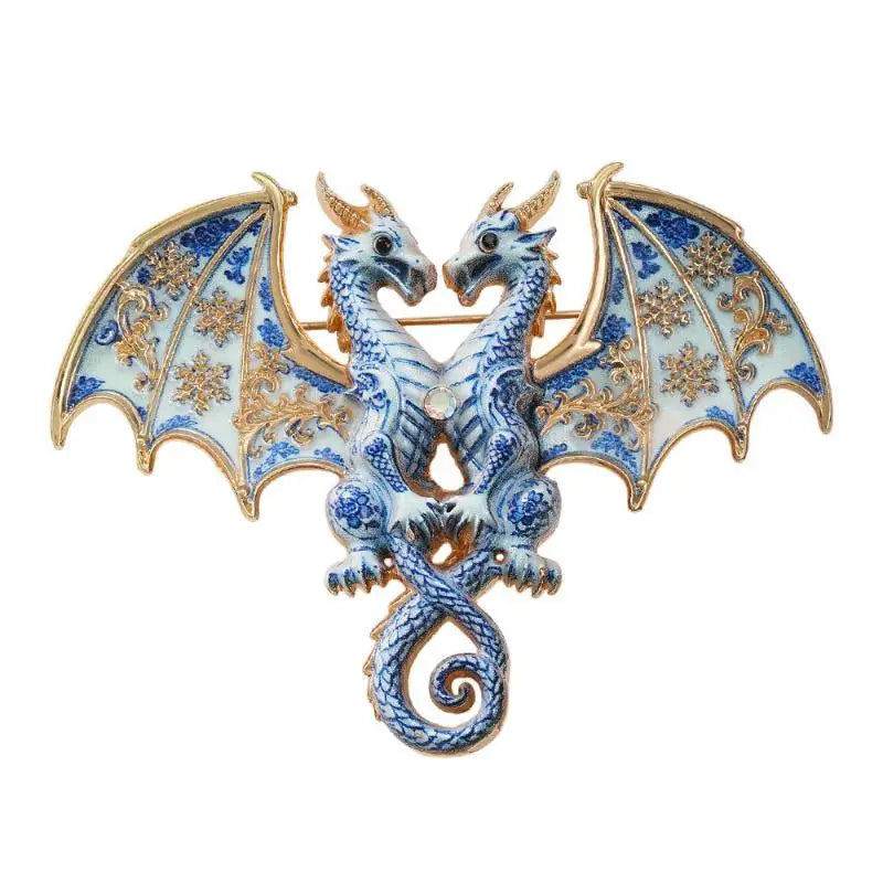 1Pcs Animal Double Headed Dragon Design Brooches for Men and Women Blue-and-White Porcelain-Inspired Jewelry Fashion Accessories Qme A1