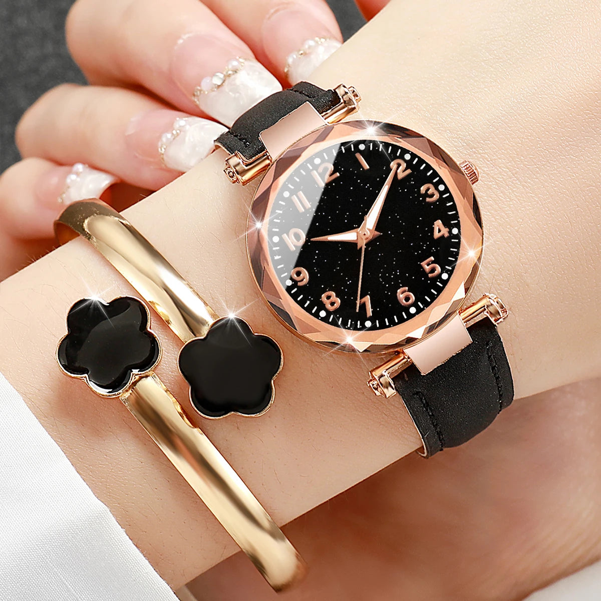 6PCs/Set Women's Watch Fashion Digital Leather Quartz Watch with Unique Flower Jewelry Set Qme