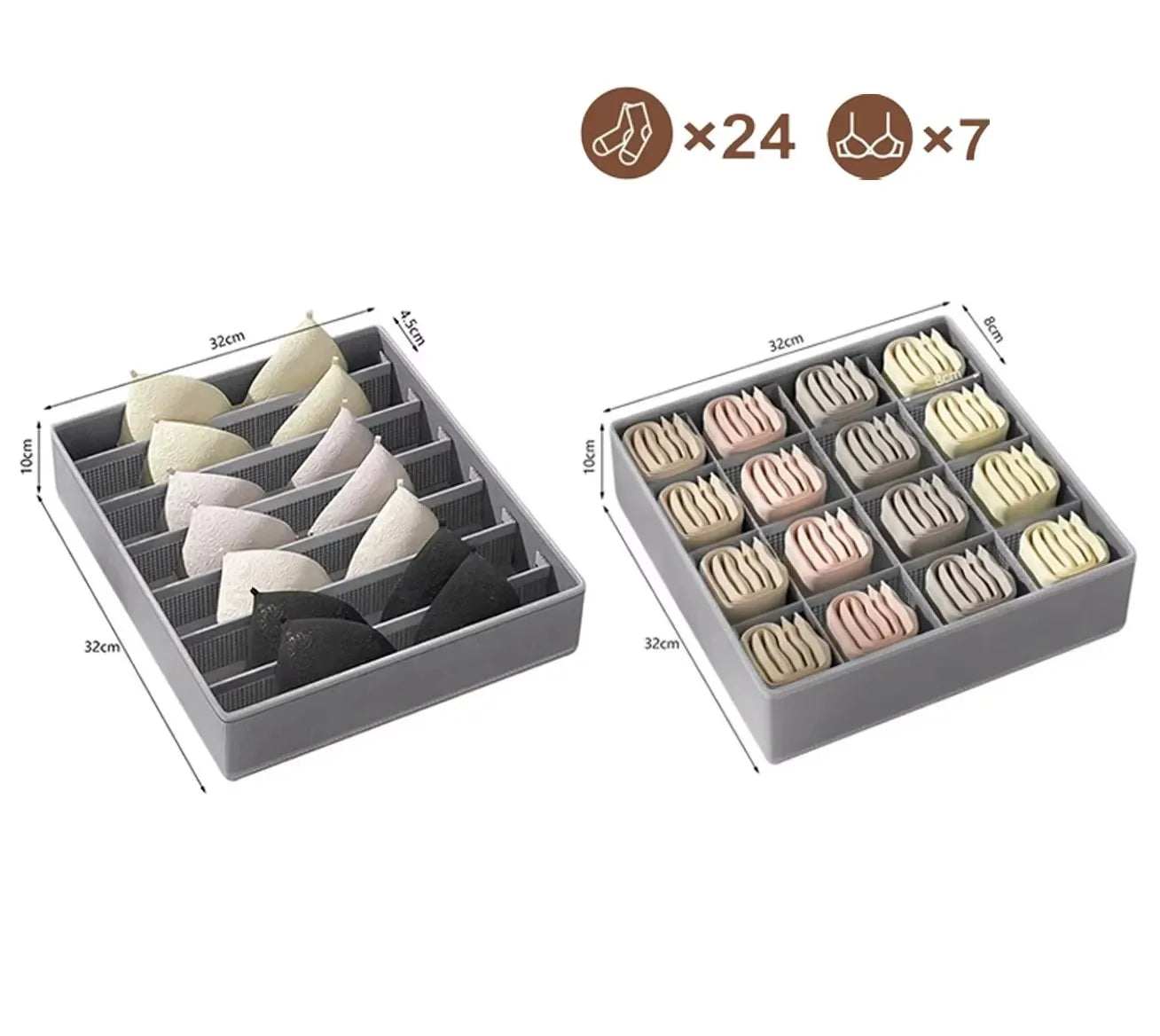1-2Pcs Non-woven Fabric Underwear Storage Box Socks Clothes Storage Organizer Drawer Type Three-piece Set for Home Organization Qme 7grid 24grid grey