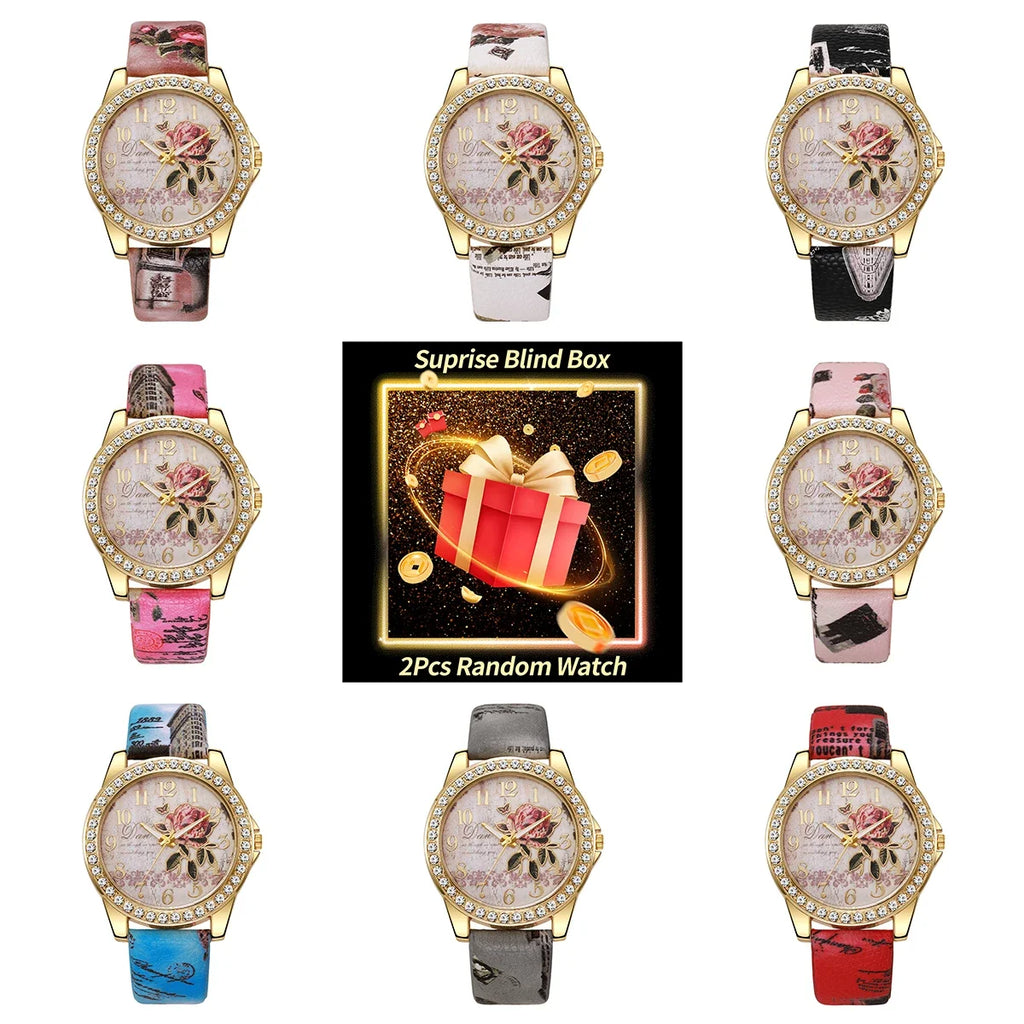 2 Pcs Surprise Mystery Watch Box Blind-Fashion Flowers Female Watch Leather Bracelet Arabic Dial Wrist Watch Random Color Qme Watch blind box