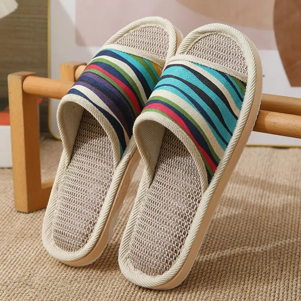 Four Season Couple's Multicolor Linen Slippers Women Indoor Striped Non-Slip Sandals Men Comfort Indoor Floor Breathable Slides Qme