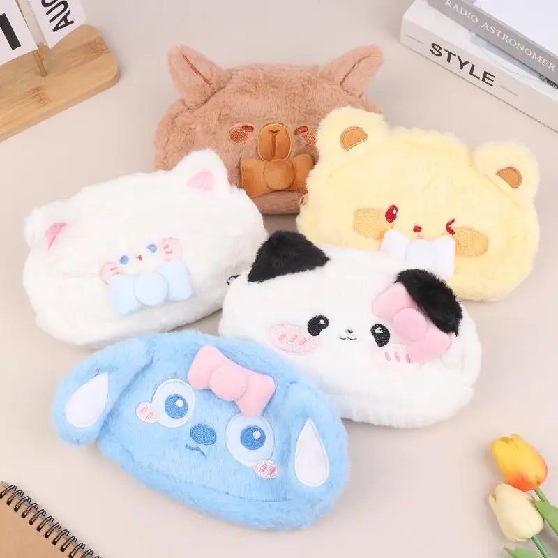 Cute Cartoon Animal Plush Pencil Case Large Capacity Stationery Qme