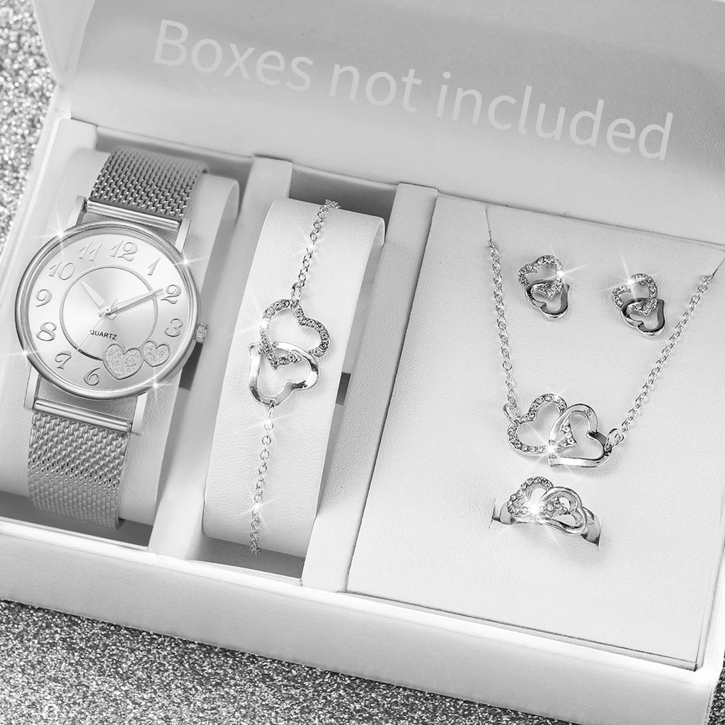6 pçs/set moda coração dial relógios femininos banda de plástico relógio de quartzo strass coração conjunto de jóias (sem caixa) Qme