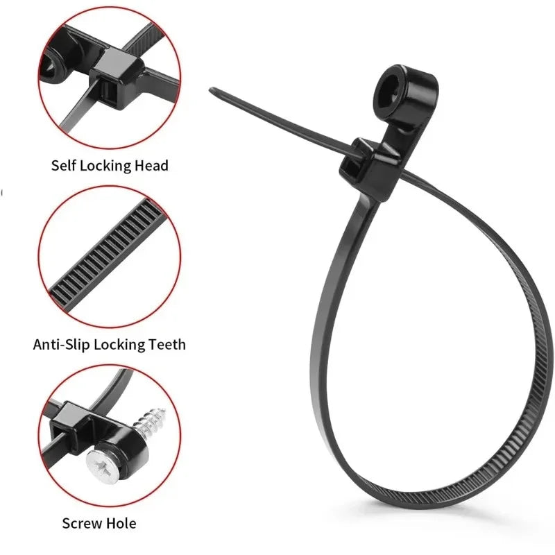 500/100PCS Screw Hole Cable Ties Reusable Fixed Nylon Cable Ties Self-locking Cord Ties Straps Fastening Loop Office Organizer Qme