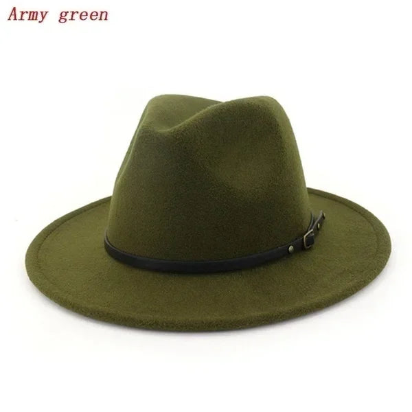 Men Women Fashion Vintage Simple Solid Wide Brim Felt Jazz Cap Church Qme green
