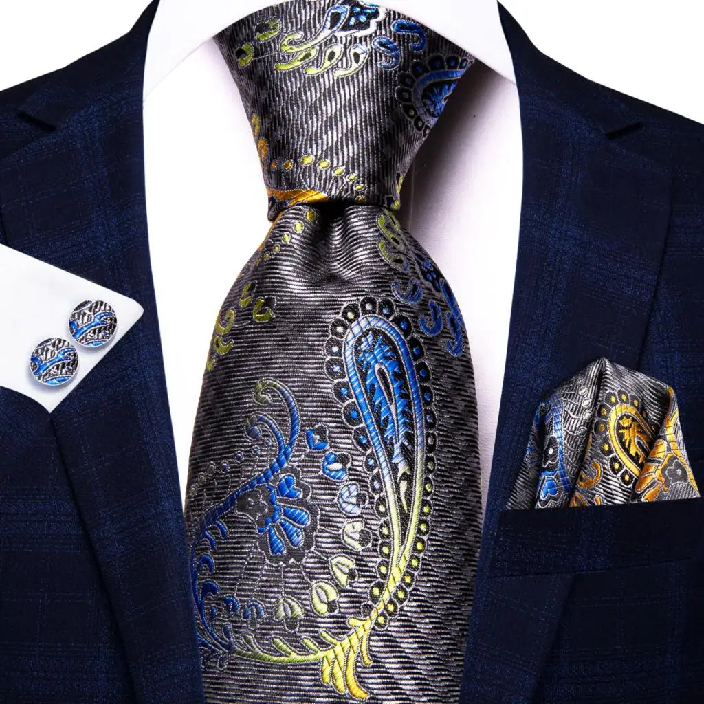 Hi-tie Smoke Grey Tie Men Elegant Mens Necktie Pocket Square Cufflink Qme 3435