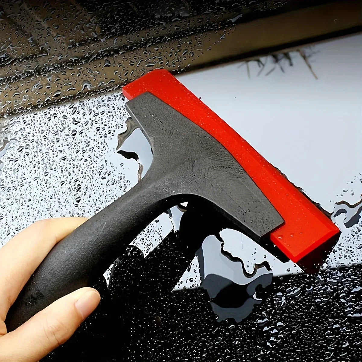 Car Window Rubber Squeegee, Black Handle Red Rubber Car Auto Ice Scraper Window Snow Removal Cleaning Tool, Qme