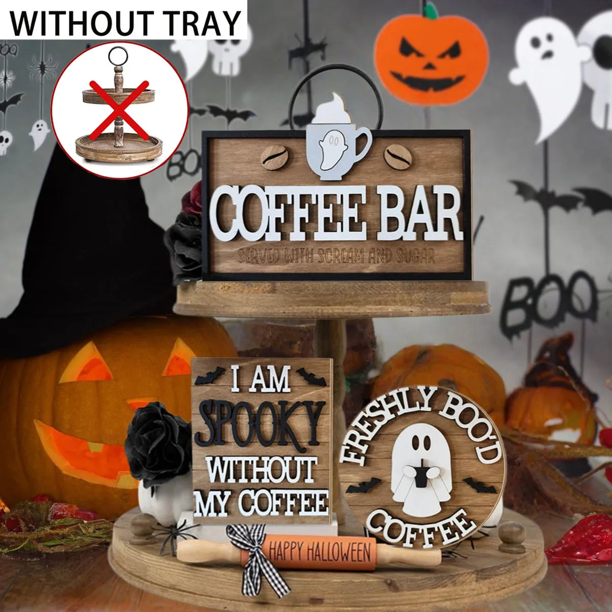 Halloween Wooden Coffee Theme Desktop Sign, No Tray, "Freshly Boo'd Coffee" Ghost Coffee Beans, Halloween Kitchen Home Decor Qme
