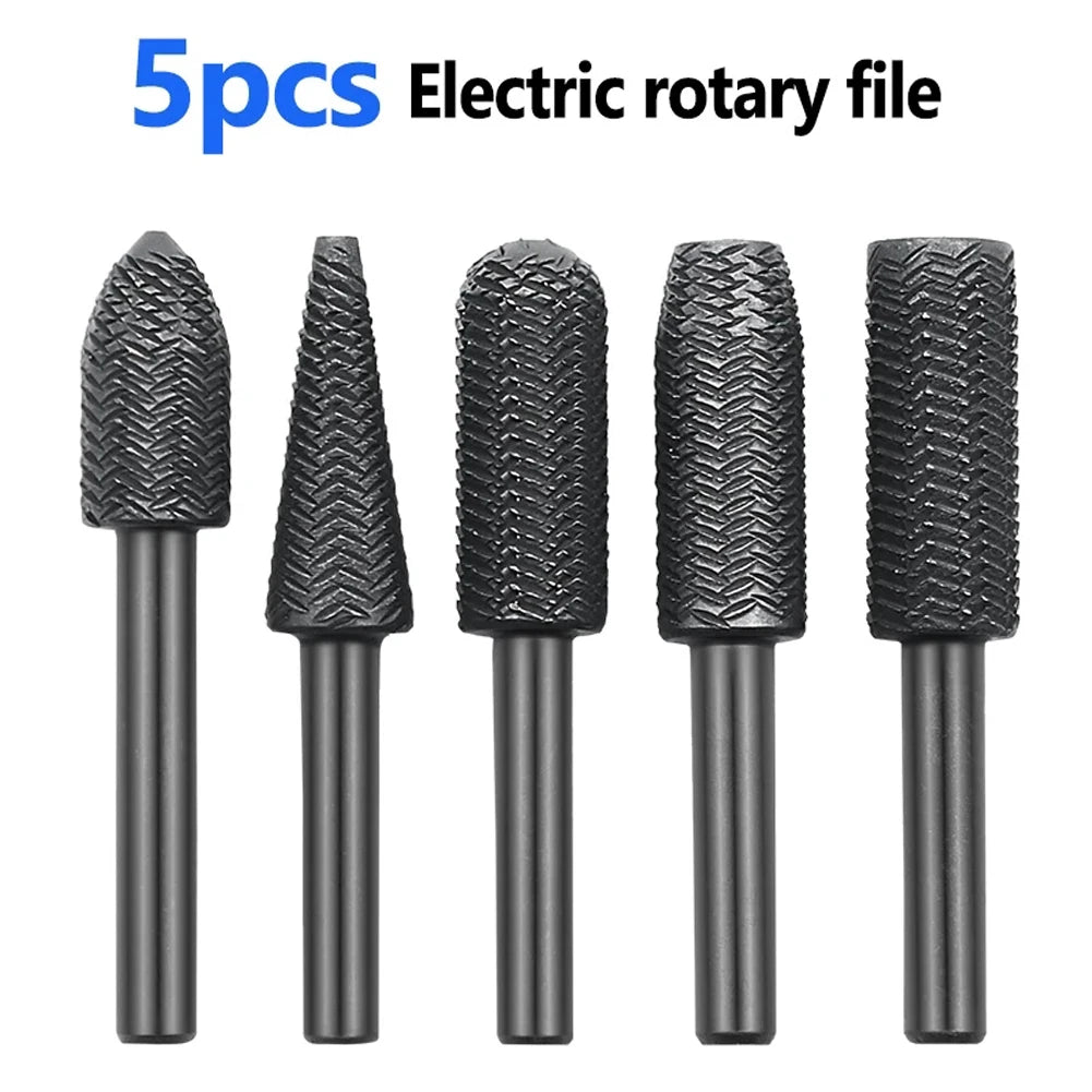 5Pcs/set Rotary Rasp File Steel File 6mm Shank Carving Bit Double Cutter Rotary File Super Hard For Metal /Wood /Grinding Qme Default Title