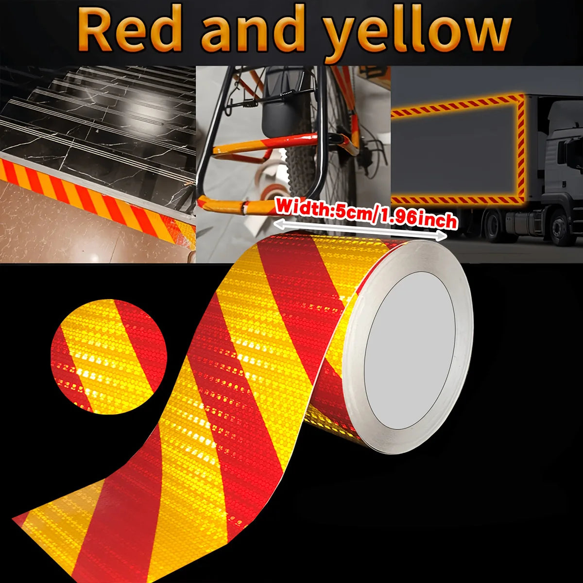 Reflective Safety Warning Tape Self-Adhesive Waterproof Diagonal Night Safety Anti-Collision Strip Trucks Trailers Bicycle Qme Red and Yellow 9m 15cm