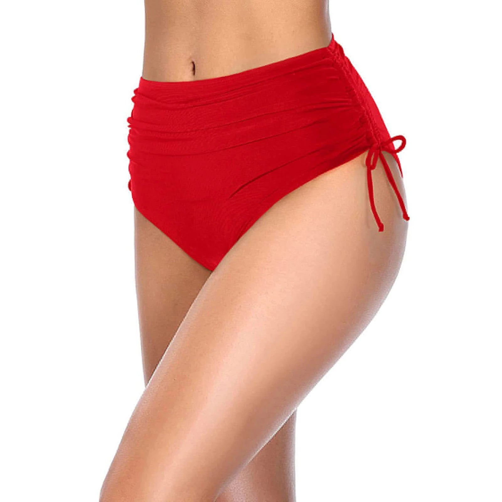 Basic Tight Swimming Bottoms for Female Solid Color High Waist Full Coverage Bikini Split Swimsuit Briefs Beach Drawstring Trunk Qme Red XXL