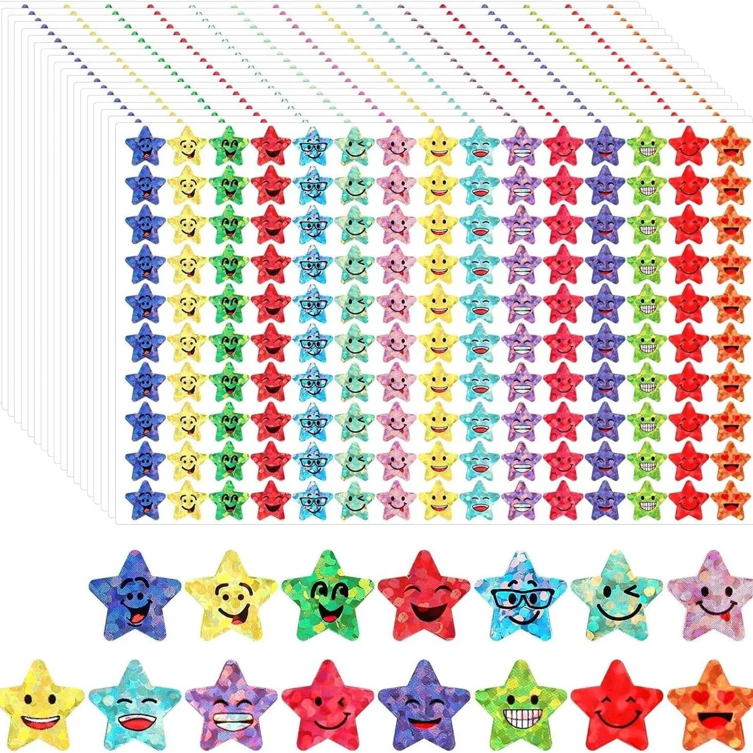 1500 Pcs Glitter Foil Small Star Stickers,15 Designs Happy Face Stickers,Suitable for DIY Handicrafts and Student Reward Prizes Qme