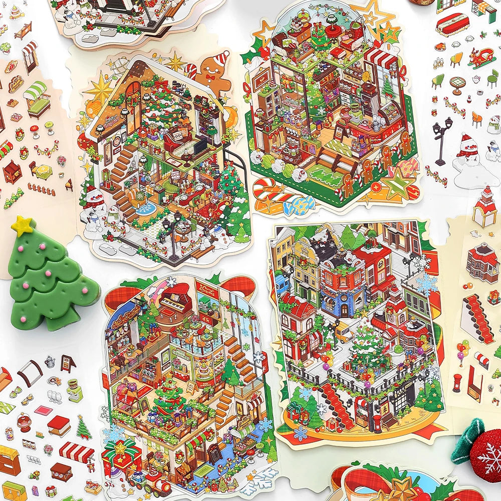 3sheets/bag Today's Business Series Happy Christmas Theme 2.5D PET White Card Diorama Stickers for Scrapbooking DIY Qme