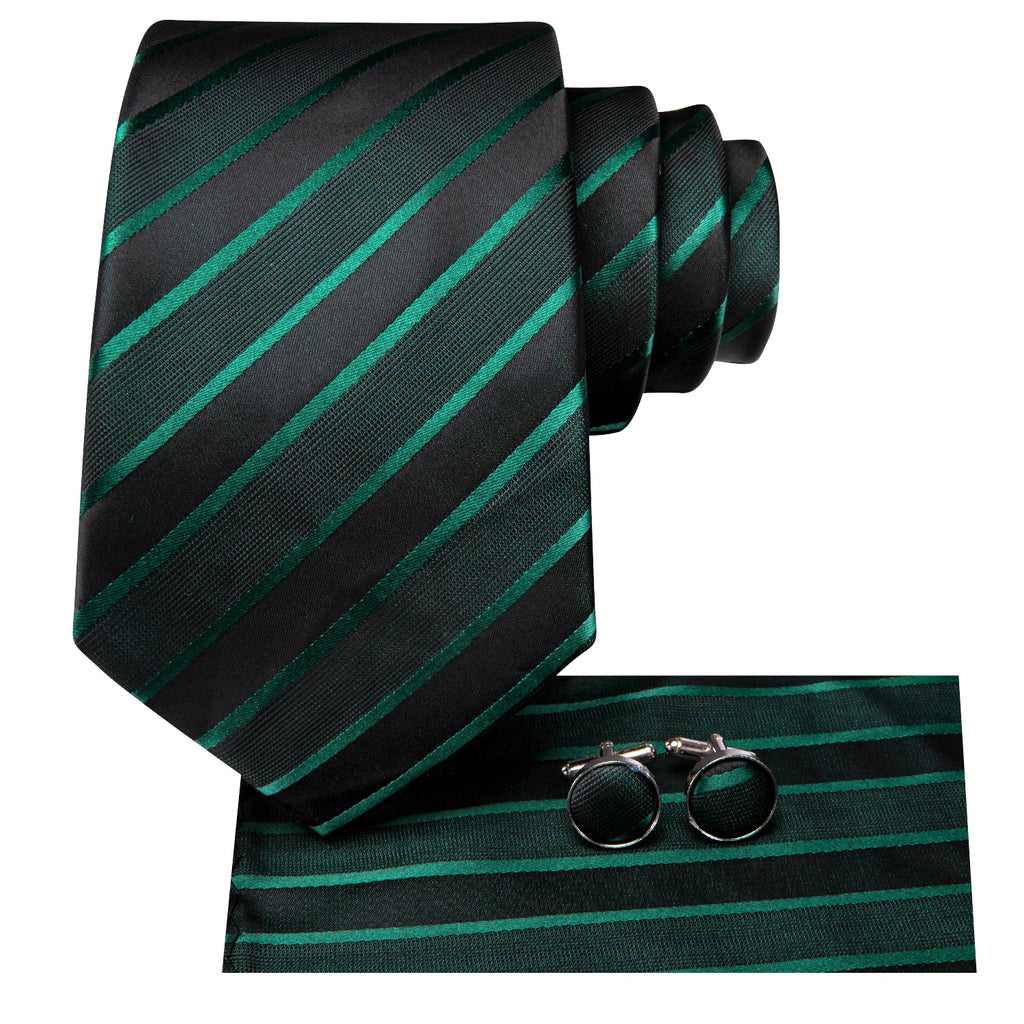 Black Green Striped Ties Men Wedding Accessories Mens Necktie Pocket Qme