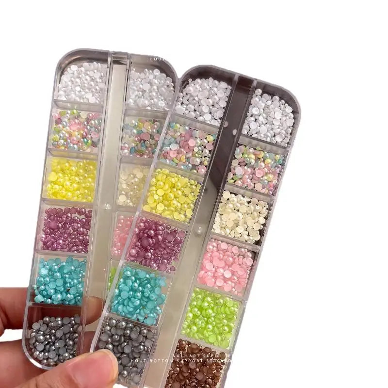 DIY Nail Art 12 Grids Colorful Pearl Half-round Beads Qme